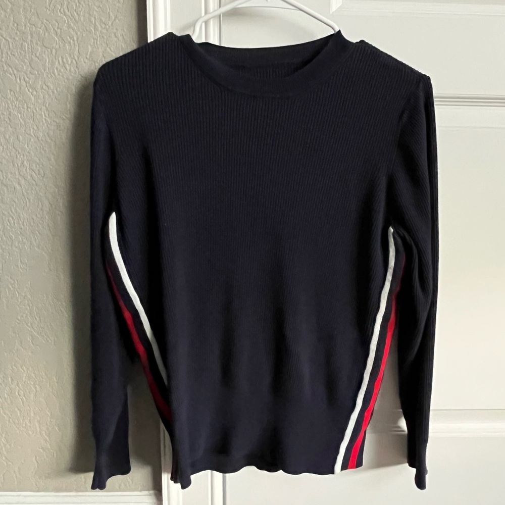 Stylish Navy Ribbed Long Sleeve Sweater with Side Stripe